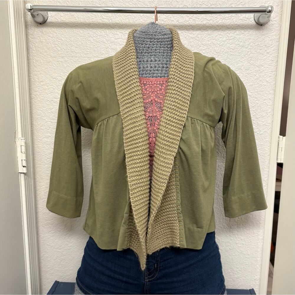 Anthropologie One September Olio Cardigan Knit Open Front Green 3/4 Sleeve M